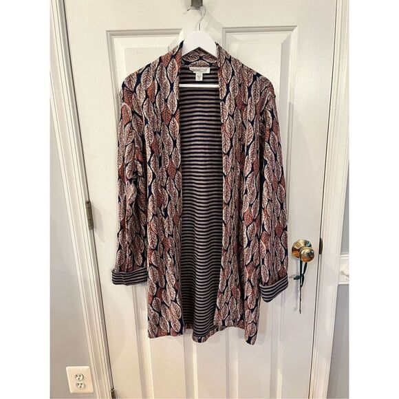 Coldwater Creek Navy & Rust Leaves Reverse Cuff Open Front Long Cardigan sz M EU - Picture 1 of 5